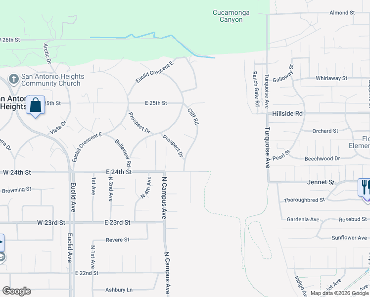 map of restaurants, bars, coffee shops, grocery stores, and more near 2411 Cliff Road in Upland