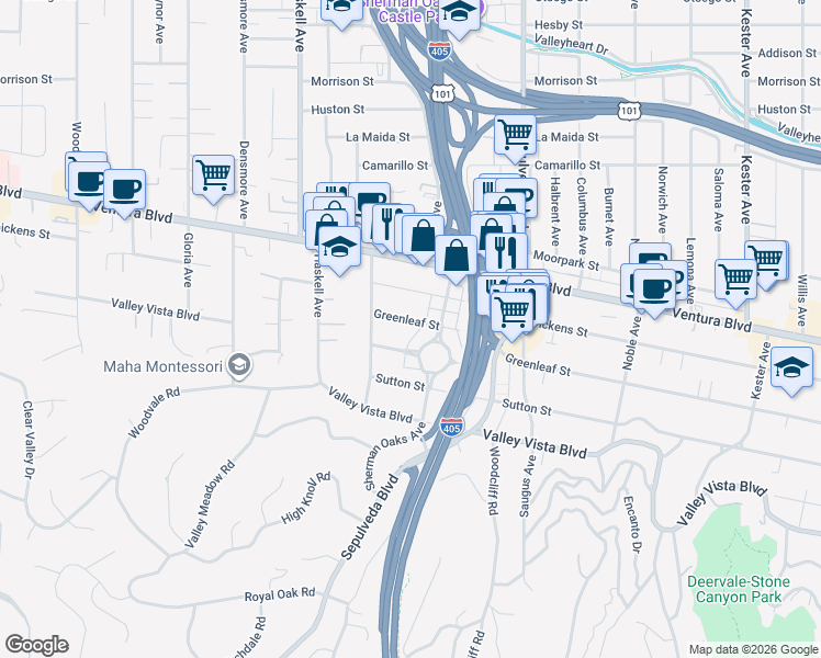 map of restaurants, bars, coffee shops, grocery stores, and more near 15430 Greenleaf Street in Los Angeles