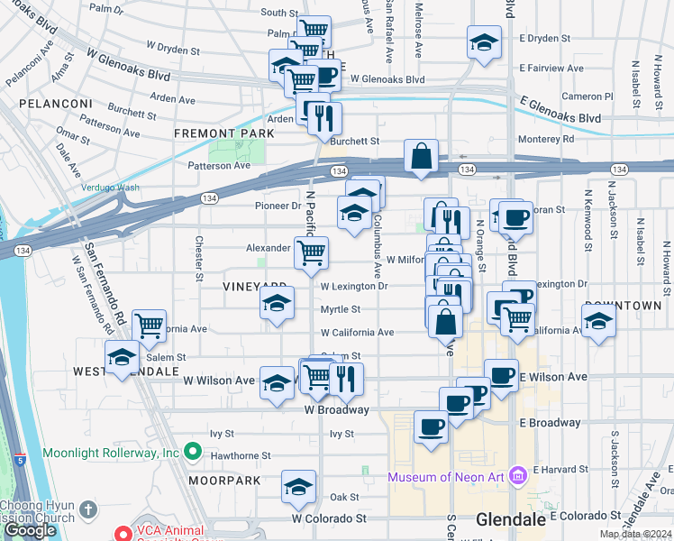 map of restaurants, bars, coffee shops, grocery stores, and more near 444 West Milford Street in Glendale
