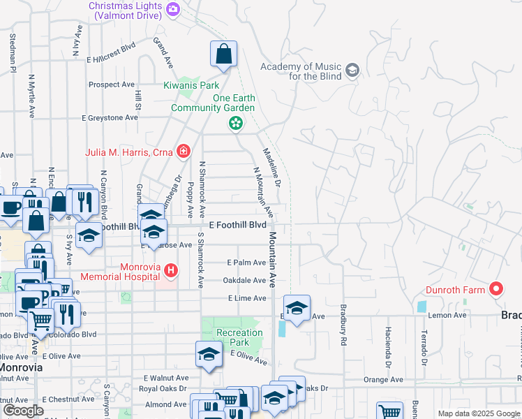 map of restaurants, bars, coffee shops, grocery stores, and more near 121 North Mountain Avenue in Monrovia