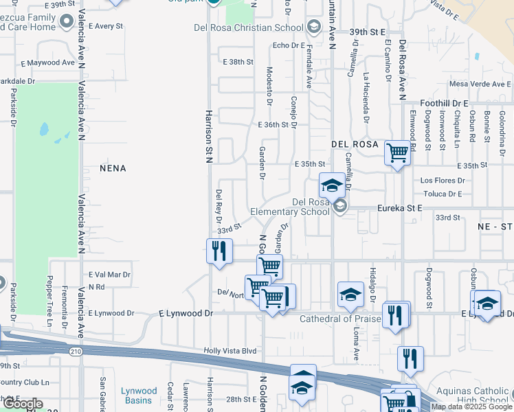 map of restaurants, bars, coffee shops, grocery stores, and more near 1210 33rd Street in San Bernardino