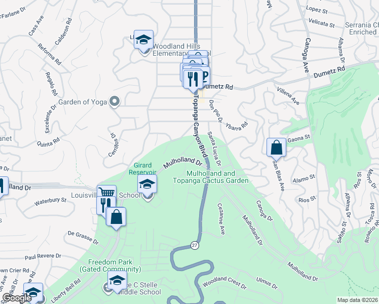 map of restaurants, bars, coffee shops, grocery stores, and more near 22045 Mulholland Way in Los Angeles