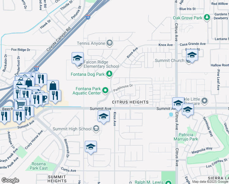 map of restaurants, bars, coffee shops, grocery stores, and more near 15723 Parkhouse Drive in Fontana