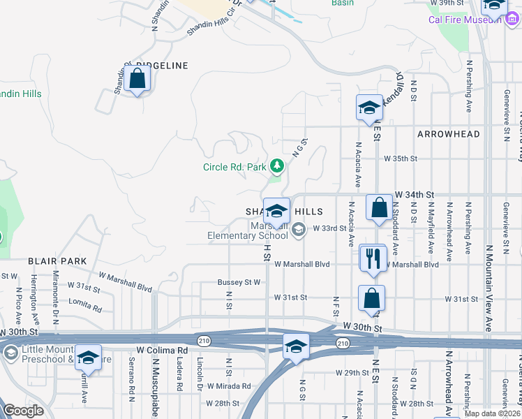 map of restaurants, bars, coffee shops, grocery stores, and more near 828 West Edgehill Road in San Bernardino