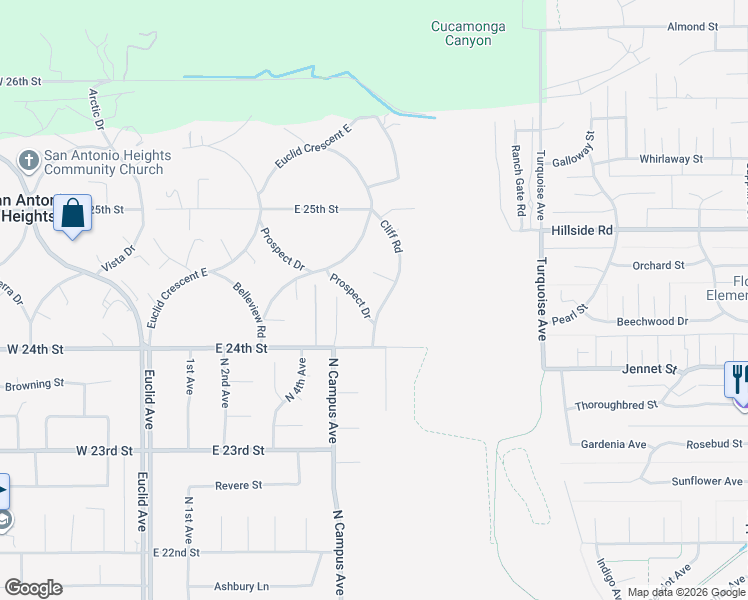 map of restaurants, bars, coffee shops, grocery stores, and more near 2411 Cliff Road in Upland