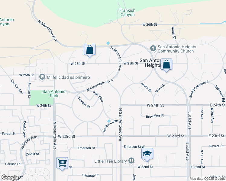 map of restaurants, bars, coffee shops, grocery stores, and more near 2419 San Antonio Crescent East in Upland