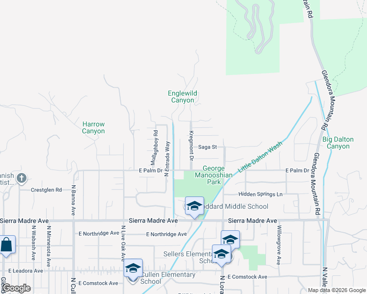 map of restaurants, bars, coffee shops, grocery stores, and more near 1004 Saga Street in Glendora