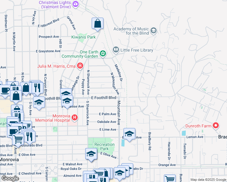 map of restaurants, bars, coffee shops, grocery stores, and more near 835 East Foothill Boulevard in Monrovia