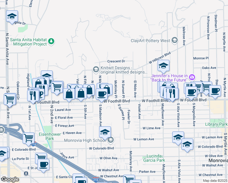 map of restaurants, bars, coffee shops, grocery stores, and more near 122 North Garfield Place in Monrovia