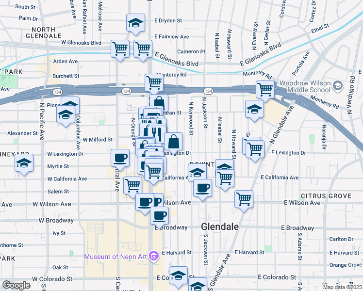 map of restaurants, bars, coffee shops, grocery stores, and more near in Glendale