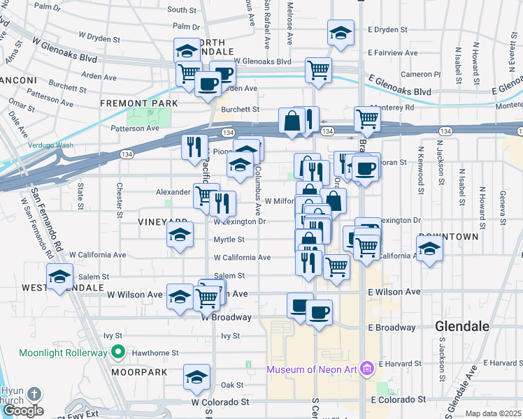map of restaurants, bars, coffee shops, grocery stores, and more near 401 North Orange Street in Glendale