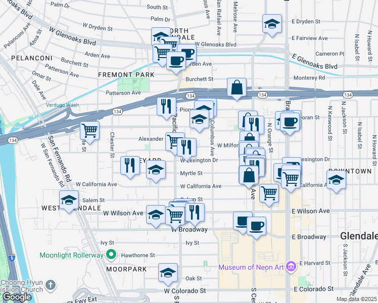 map of restaurants, bars, coffee shops, grocery stores, and more near 439 West Lexington Drive in Glendale