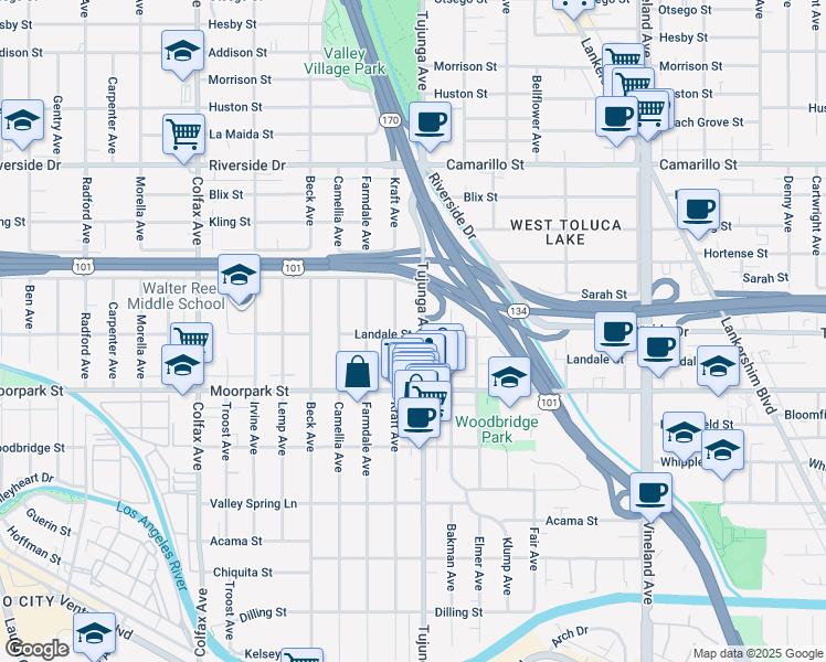 map of restaurants, bars, coffee shops, grocery stores, and more near 4458 Kraft Avenue in Los Angeles