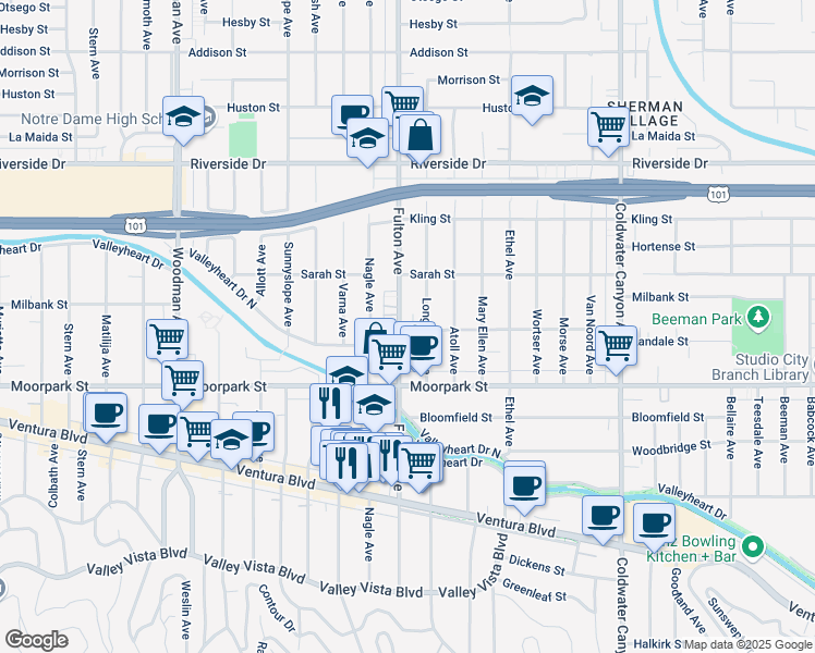 map of restaurants, bars, coffee shops, grocery stores, and more near 4450 Fulton Avenue in Los Angeles