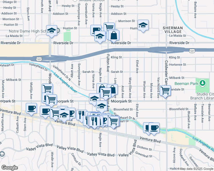 map of restaurants, bars, coffee shops, grocery stores, and more near 4450 Fulton Avenue in Los Angeles