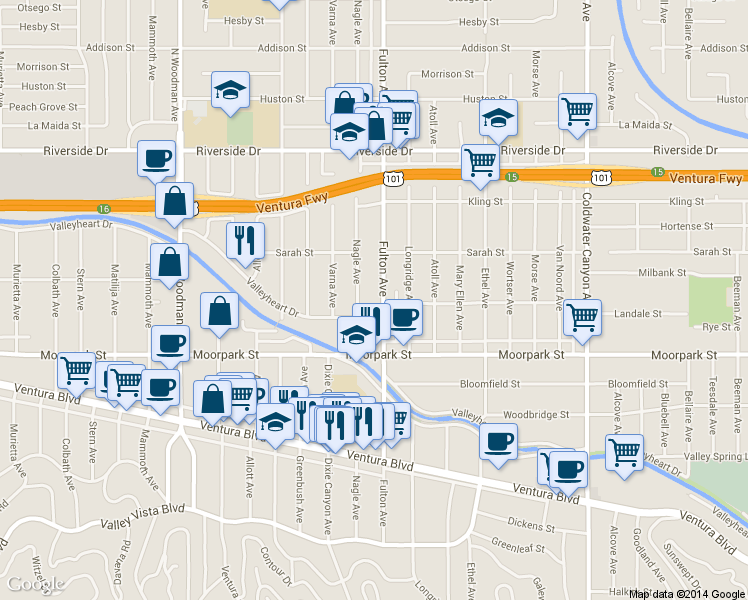 map of restaurants, bars, coffee shops, grocery stores, and more near 4506 Nagle Avenue in Los Angeles