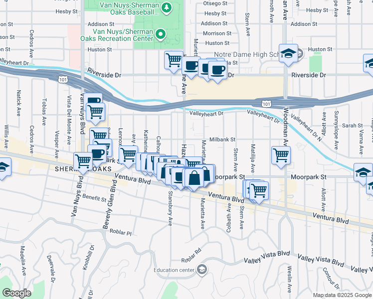 map of restaurants, bars, coffee shops, grocery stores, and more near 4461 Hazeltine Avenue in Los Angeles