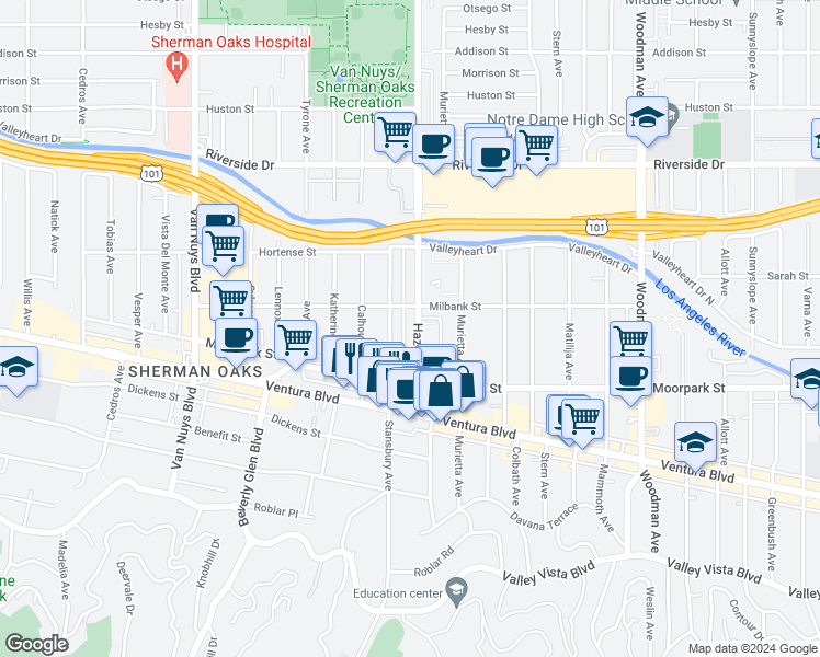 map of restaurants, bars, coffee shops, grocery stores, and more near 4461 Hazeltine Avenue in Los Angeles
