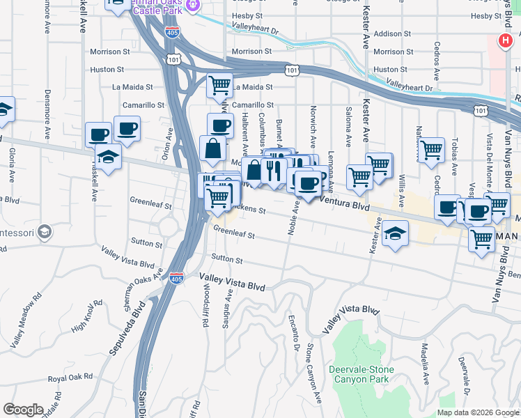 map of restaurants, bars, coffee shops, grocery stores, and more near 15204 Dickens Street in Los Angeles