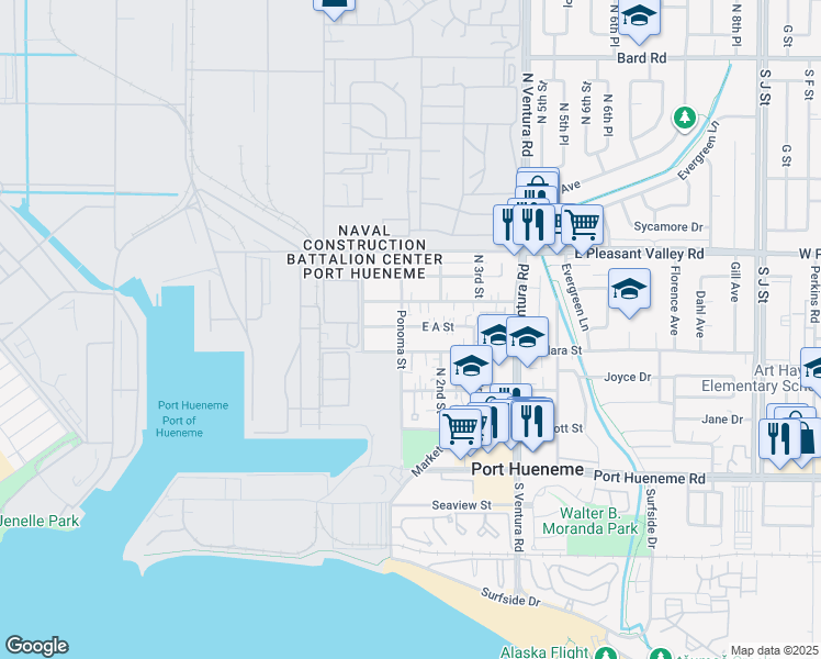 map of restaurants, bars, coffee shops, grocery stores, and more near 140 East A Street in Port Hueneme