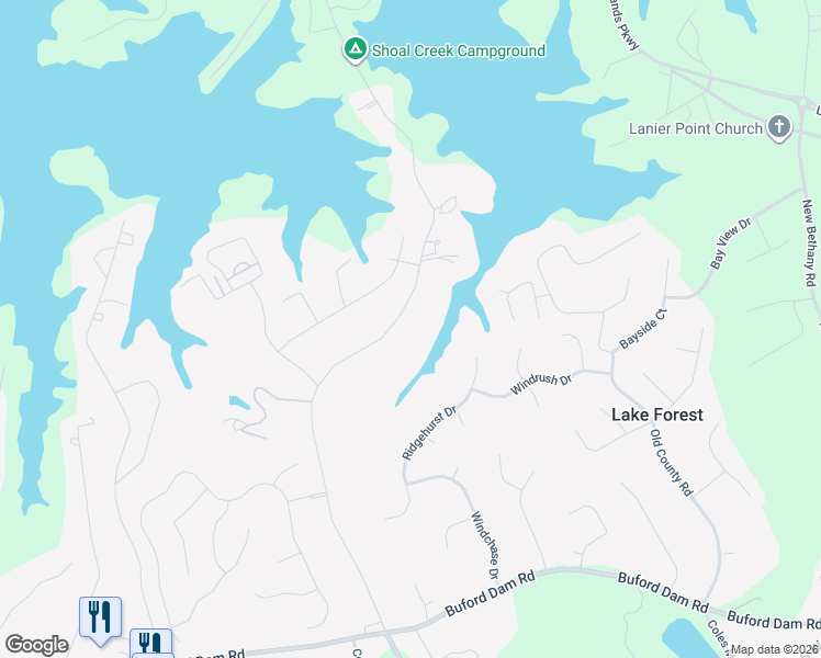 map of restaurants, bars, coffee shops, grocery stores, and more near 6001 Shadburn Ferry Road in Buford