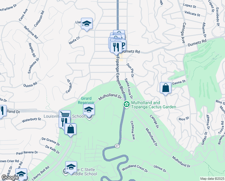 map of restaurants, bars, coffee shops, grocery stores, and more near 22051 Mulholland Way in Los Angeles