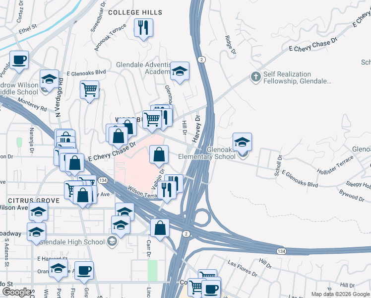 map of restaurants, bars, coffee shops, grocery stores, and more near 1809 Orchard Avenue in Glendale
