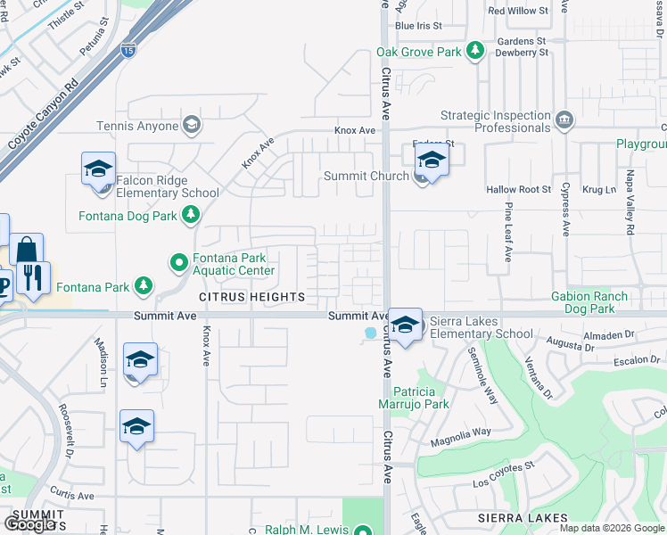map of restaurants, bars, coffee shops, grocery stores, and more near 5604 Altamura Way in Fontana