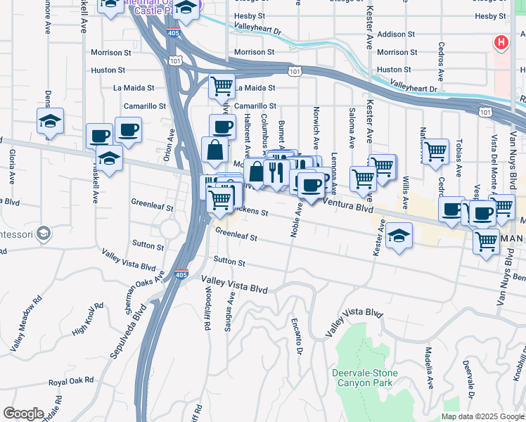 map of restaurants, bars, coffee shops, grocery stores, and more near 15204 Dickens Street in Los Angeles