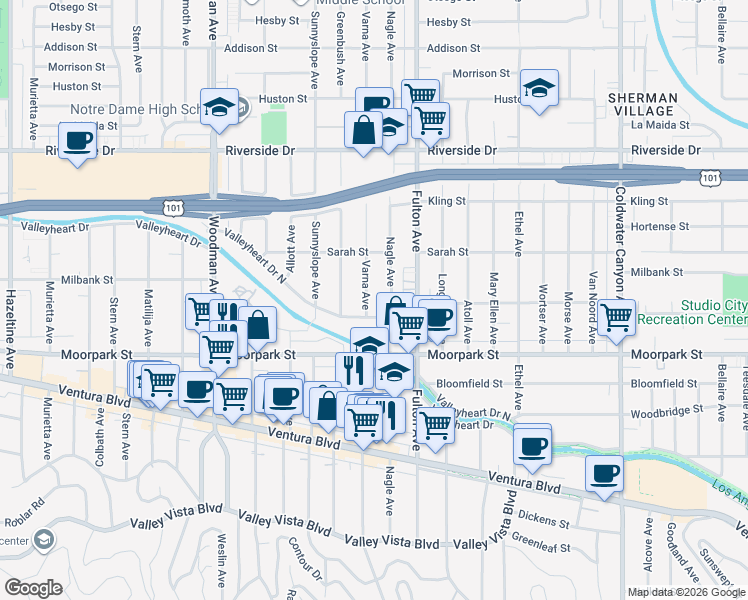 map of restaurants, bars, coffee shops, grocery stores, and more near 4518 Varna Avenue in Los Angeles