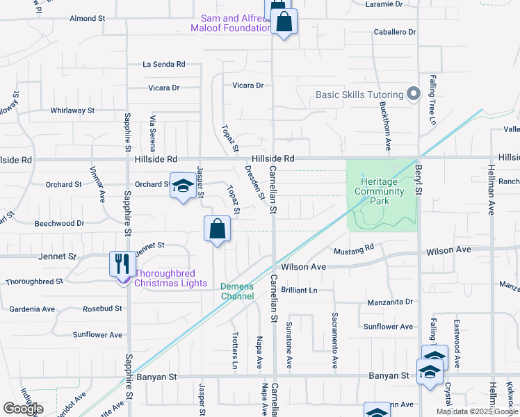 map of restaurants, bars, coffee shops, grocery stores, and more near 8630 Beechwood Drive in Rancho Cucamonga