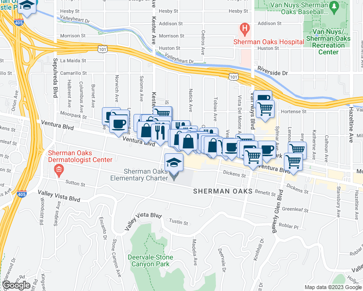 map of restaurants, bars, coffee shops, grocery stores, and more near 14755 Ventura Boulevard in Los Angeles