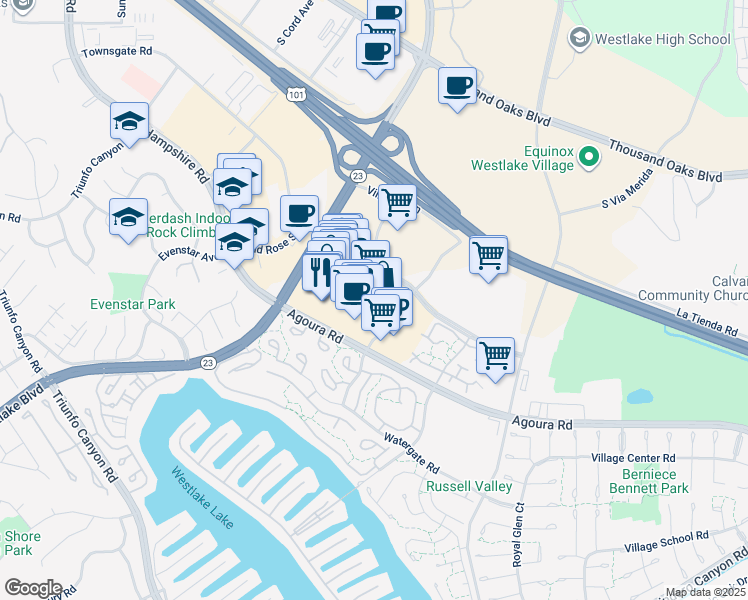 map of restaurants, bars, coffee shops, grocery stores, and more near 2725 Agoura Rd in Westlake Village