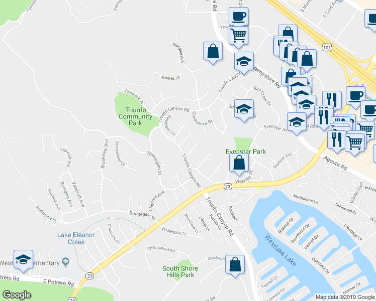 map of restaurants, bars, coffee shops, grocery stores, and more near 2025 Dewberry Court in Westlake Village