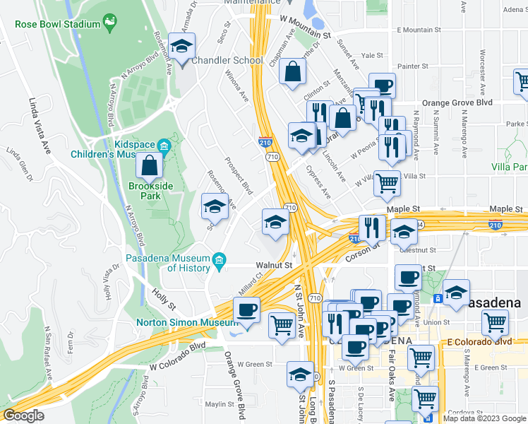 map of restaurants, bars, coffee shops, grocery stores, and more near 526 North Orange Grove Boulevard in Pasadena