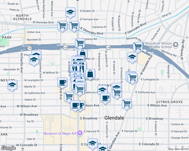 map of restaurants, bars, coffee shops, grocery stores, and more near 412 North Louise Street in Glendale
