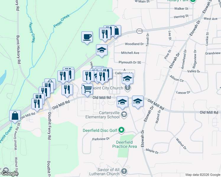 map of restaurants, bars, coffee shops, grocery stores, and more near 16 Courtyard Lane in Cartersville