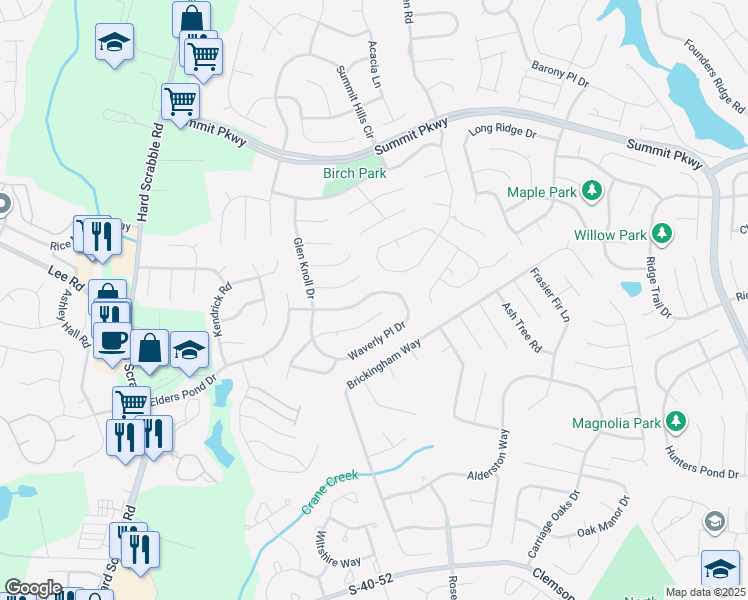 map of restaurants, bars, coffee shops, grocery stores, and more near 1130 Waverly Place Lane in Columbia