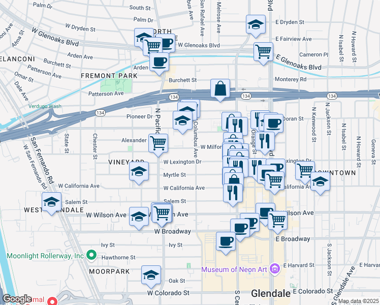 map of restaurants, bars, coffee shops, grocery stores, and more near 410 West Milford Street in Glendale