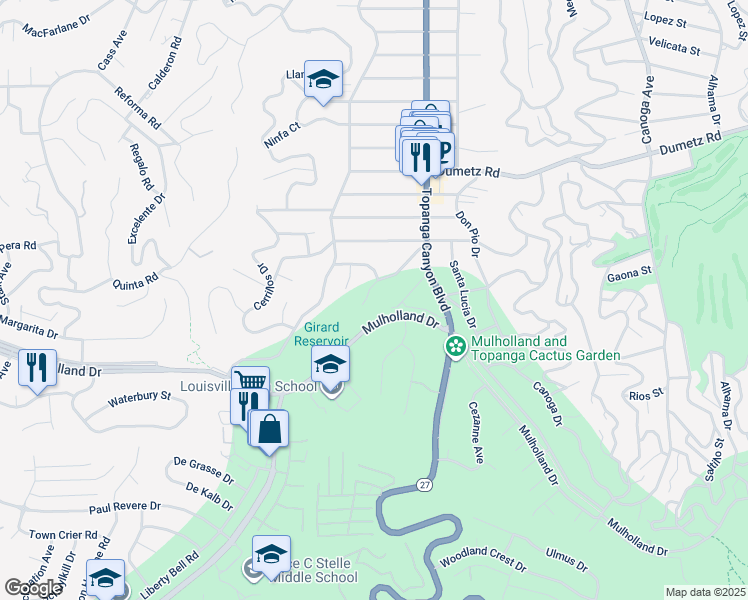 map of restaurants, bars, coffee shops, grocery stores, and more near 22101 Mulholland Drive in Los Angeles