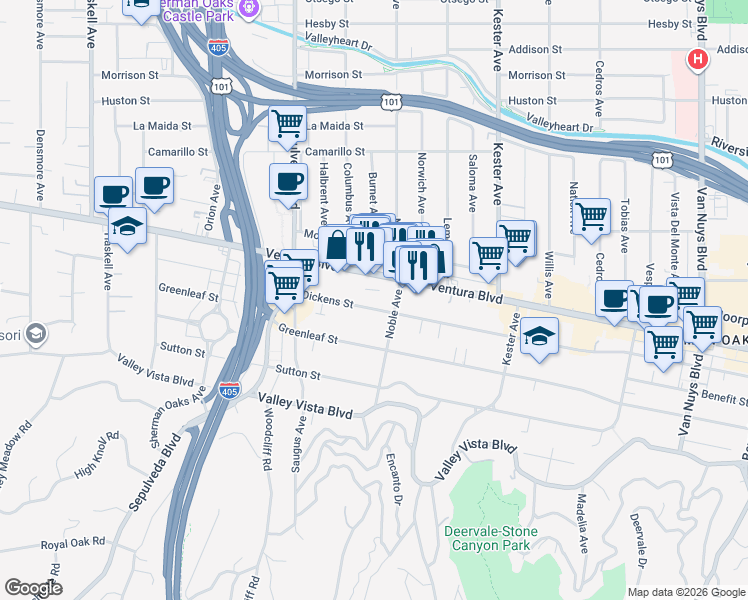 map of restaurants, bars, coffee shops, grocery stores, and more near 15129 Dickens Street in Los Angeles