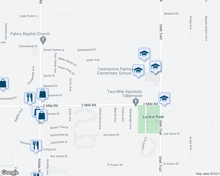 map of restaurants, bars, coffee shops, grocery stores, and more near 74110 Manana Drive in Twentynine Palms
