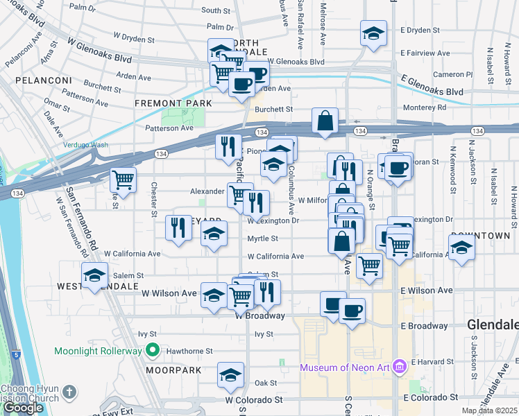 map of restaurants, bars, coffee shops, grocery stores, and more near 439 West Lexington Drive in Glendale