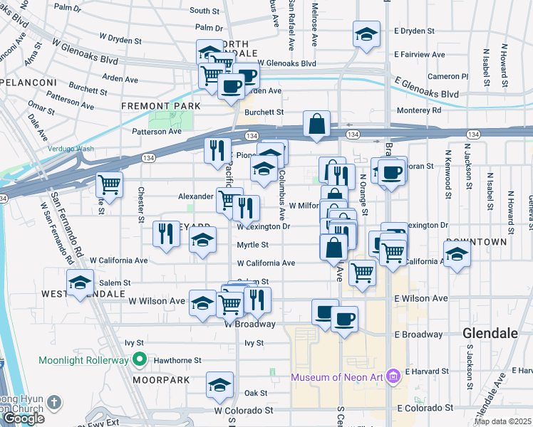 map of restaurants, bars, coffee shops, grocery stores, and more near 420 West Milford Street in Glendale