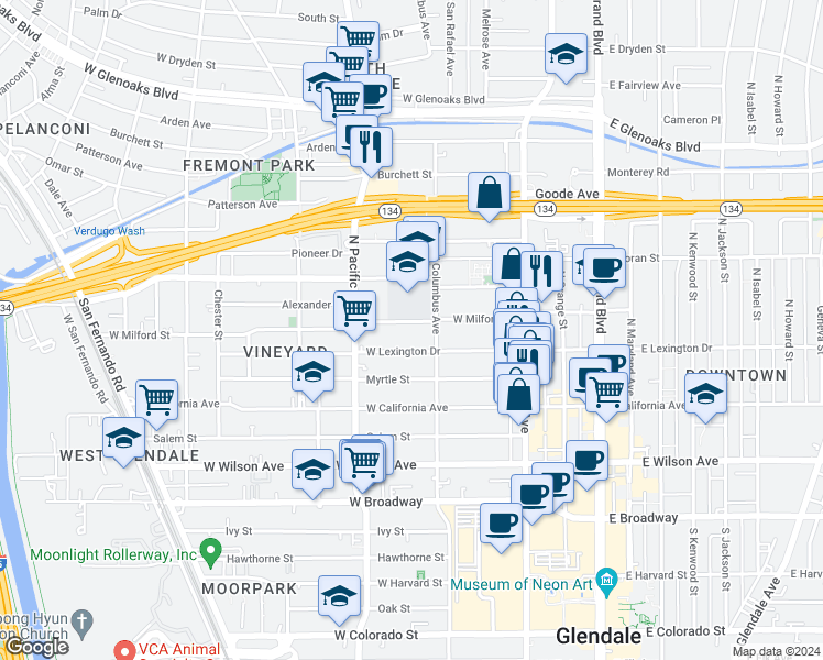 map of restaurants, bars, coffee shops, grocery stores, and more near 420 West Milford Street in Glendale