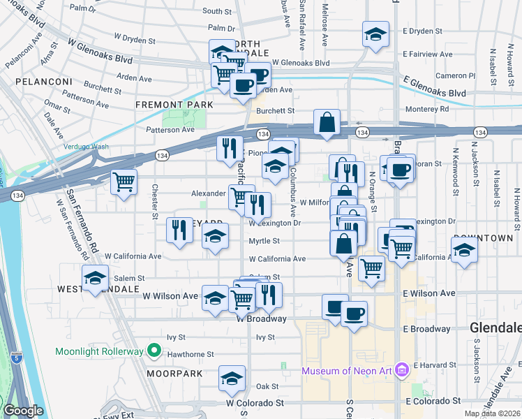 map of restaurants, bars, coffee shops, grocery stores, and more near 444 West Milford Street in Glendale