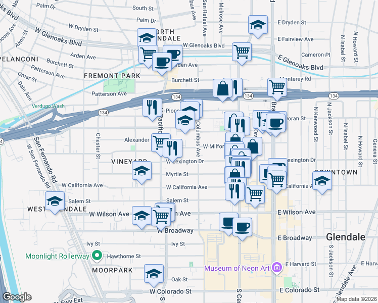 map of restaurants, bars, coffee shops, grocery stores, and more near 401 North Orange Street in Glendale