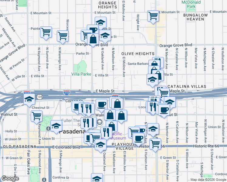 map of restaurants, bars, coffee shops, grocery stores, and more near North Madison Avenue in Pasadena