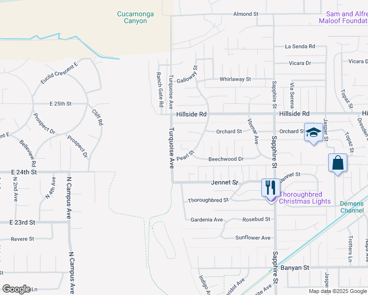 map of restaurants, bars, coffee shops, grocery stores, and more near 7931 Beechwood Drive in Rancho Cucamonga