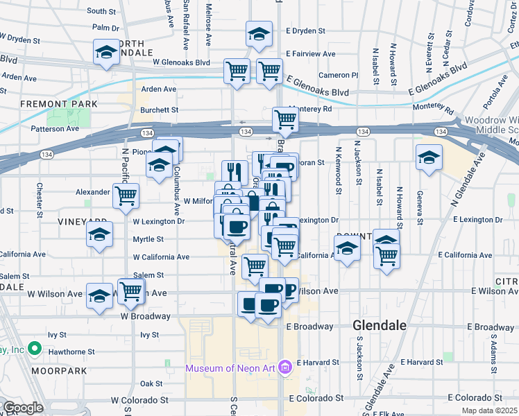 map of restaurants, bars, coffee shops, grocery stores, and more near 414 North Orange Street in Glendale